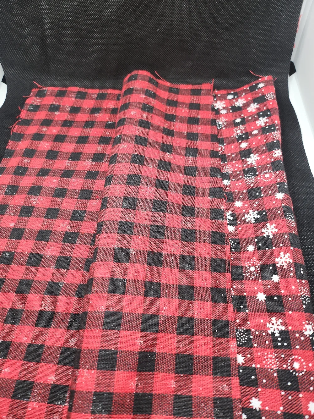 Red and Black Buffalo Plaid Fabric Panel with White Snowflake Print 10x15
